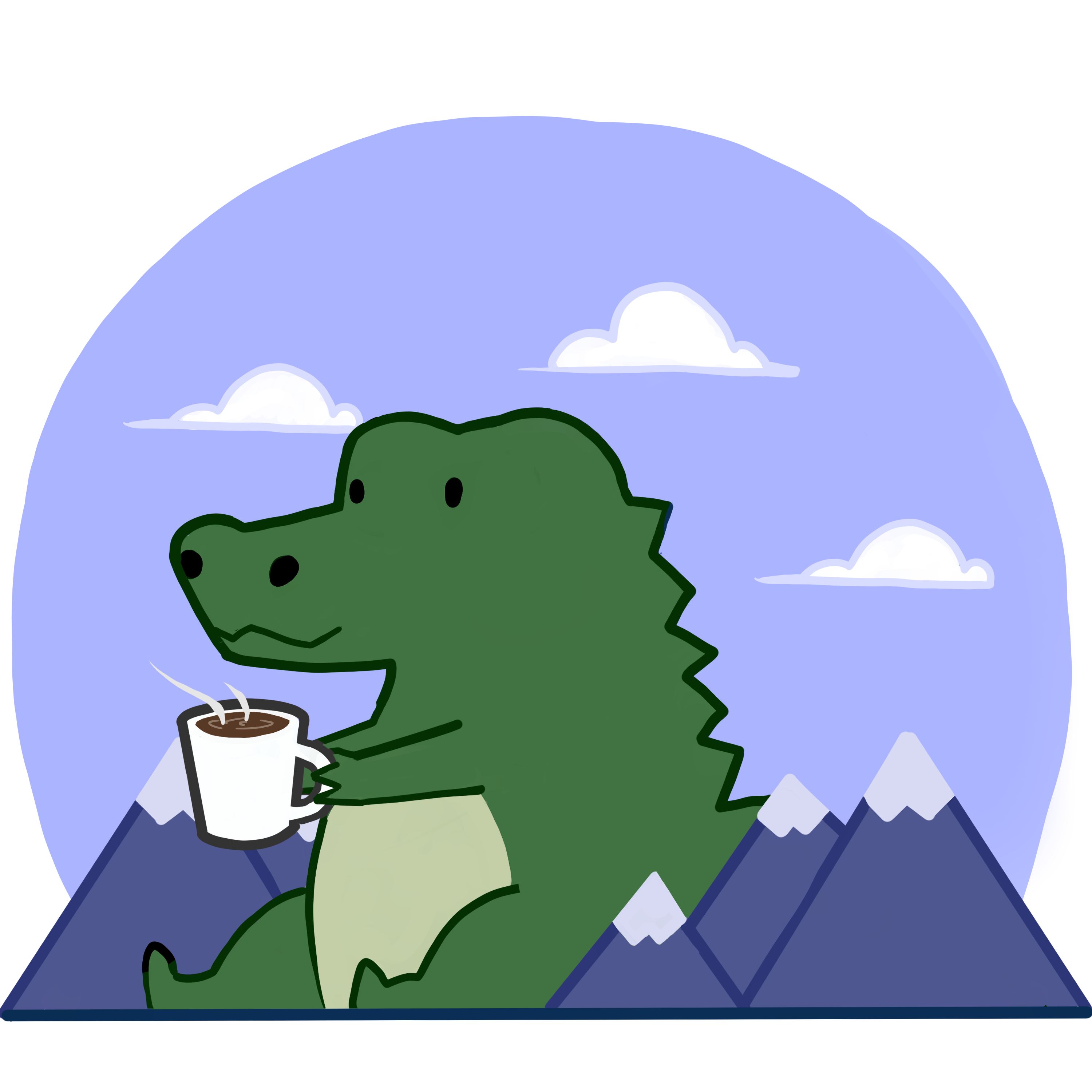 Alligator in mountains drinking coffee